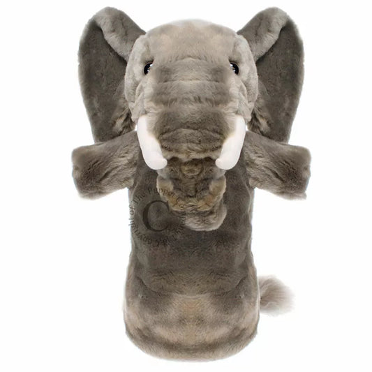 A long-sleeved kids' puppet elephant with tusks on a white background for puppet shows.