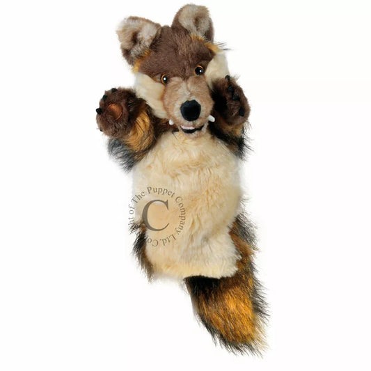 The Kids' Puppet Company Long Sleeved Puppet Wolf is hanging on a white background.