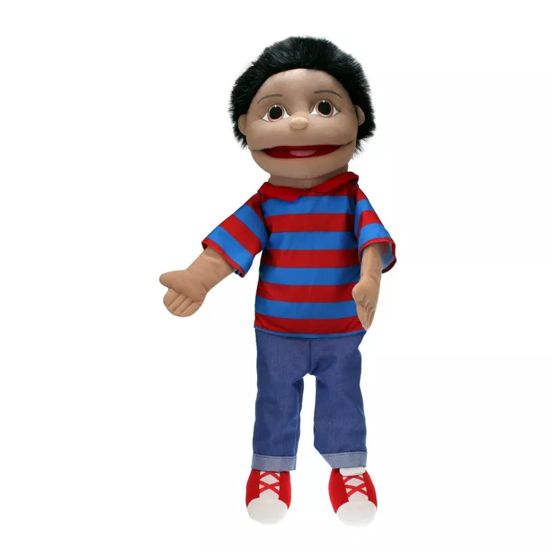 A puppet show featuring the Medium Boy Olive Skin Tone puppet wearing a red and blue striped shirt.