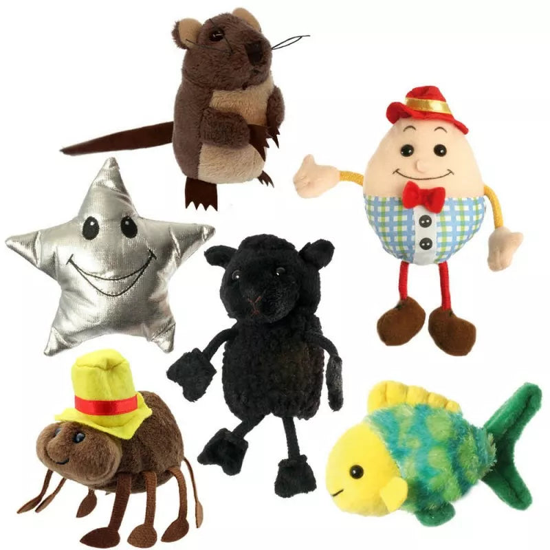 A set of Nursery Rhyme Finger Puppets for kids to enjoy a puppet show with various outfits.