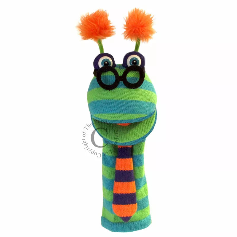 A puppet show featuring a sock puppet named Dylan, adorned with green and orange stripes and glasses.