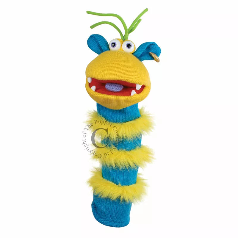 A blue and yellow Sockette puppet for a kids' puppet show.