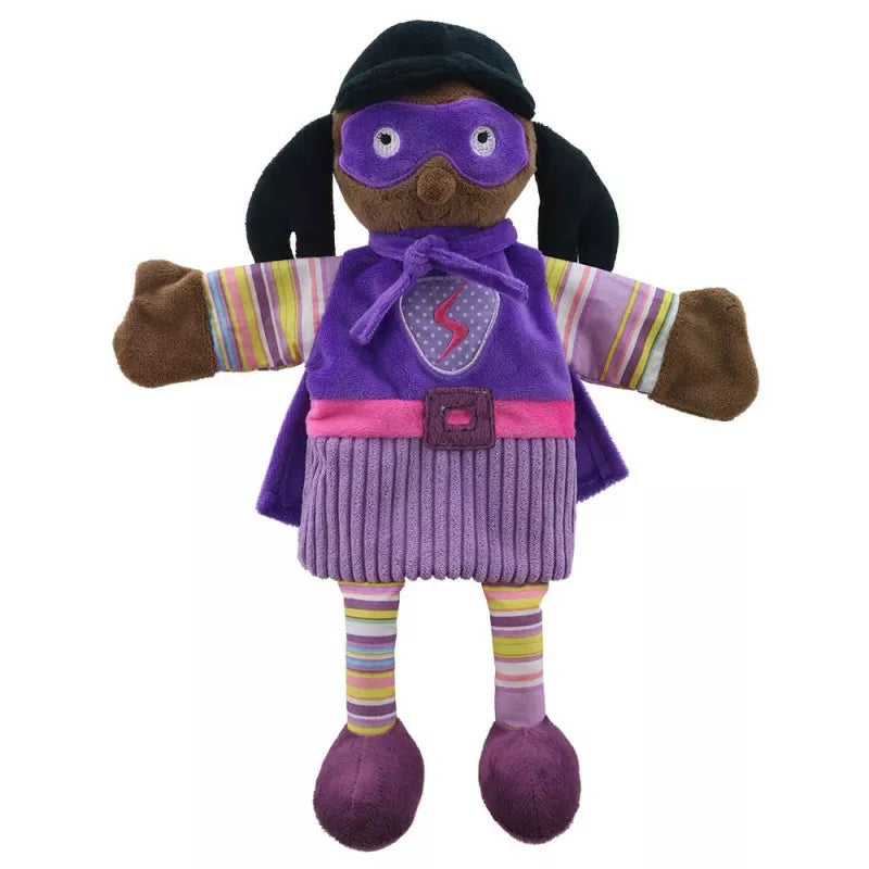 A kids' puppet show featuring The Puppet Company Super Hero Girl wearing a purple mask and cape.