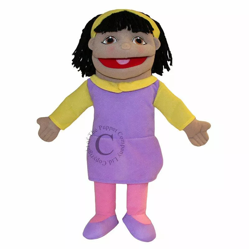 The Puppet Company Small Girl Hand Puppet with black hair and a purple dress.