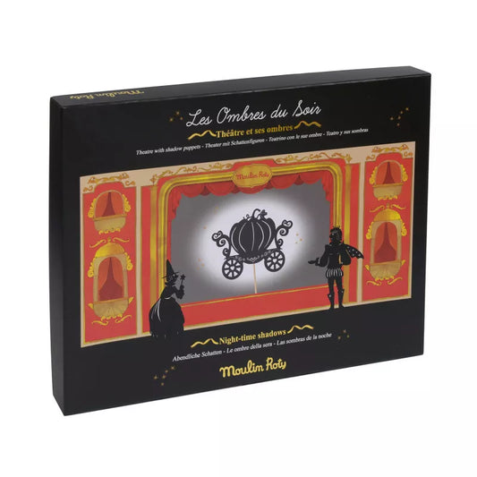 A kids' puppet show box featuring the Moulin Roty Theatre and Shadows Puppets Set.
