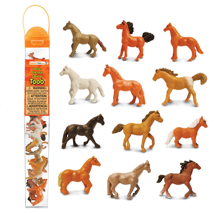 A plastic bag containing TOOBS® Figurines Horses for a kids' puppet show.