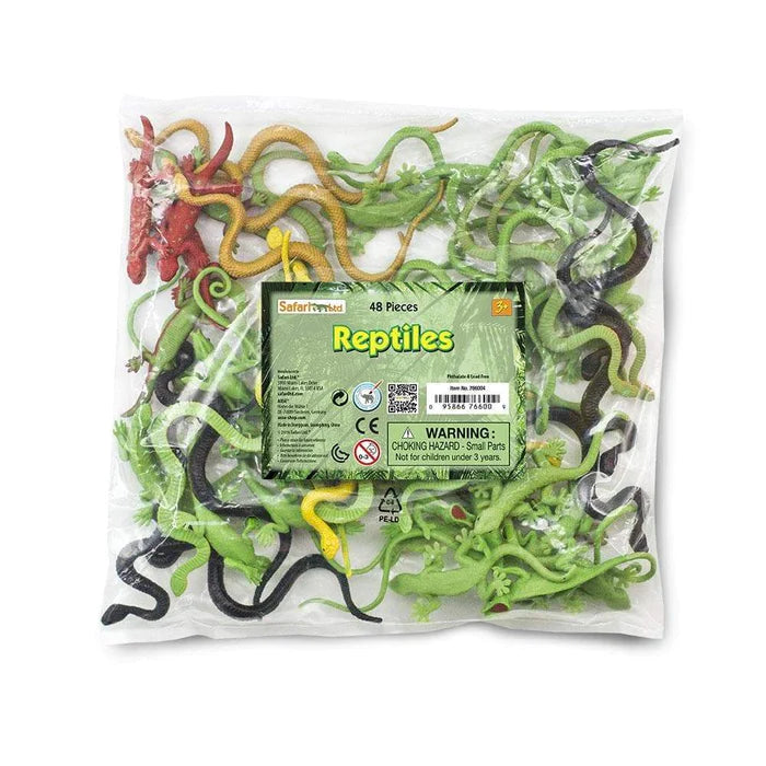 A bulk pack of reptile figurines in a plastic bag for kids to use in puppet shows.