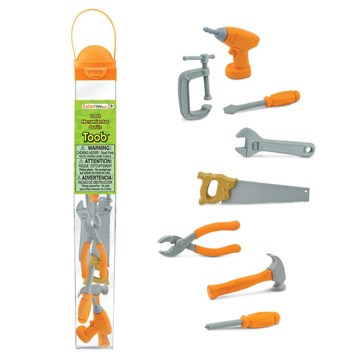 A TOOB® Figurines Tools tool set perfect for kids' puppet show with orange and yellow tools.