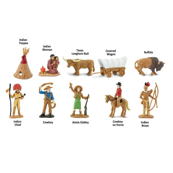 A set of Wild West figurines for kids that can be used in a puppet show.