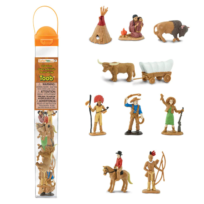 A tube of Wild West figurines perfect for kids' puppet shows.