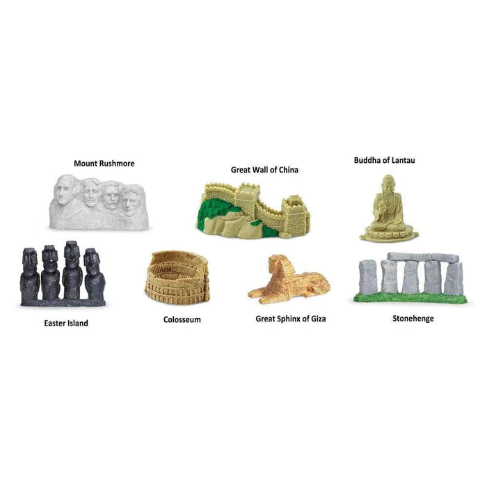 A collection of TOOBS® Figurines showcasing world landmarks for kids to enjoy in a puppet show.