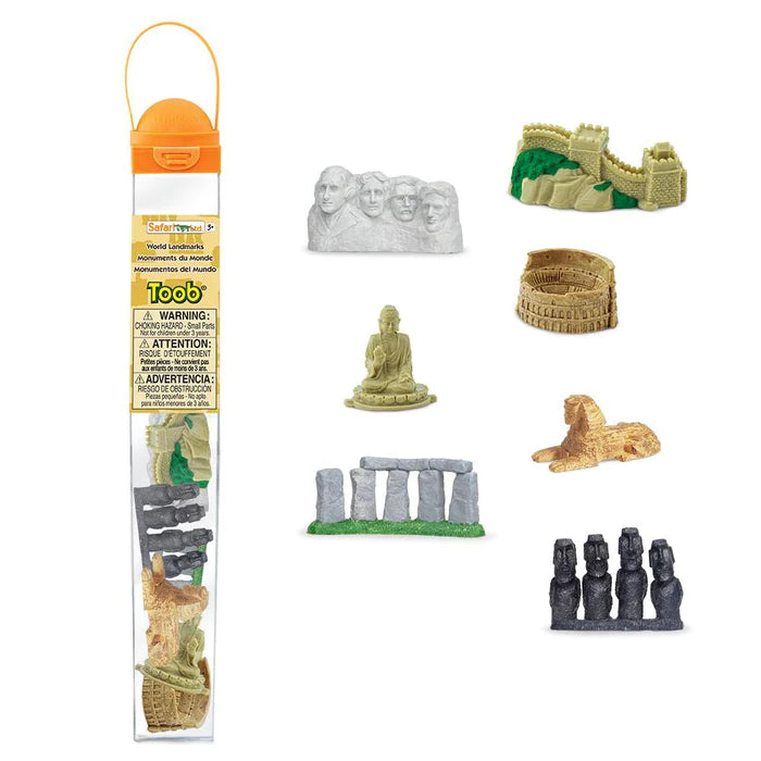 A set of kids' puppet show-themed TOOB® figurines featuring world landmarks, packaged in a plastic bag.