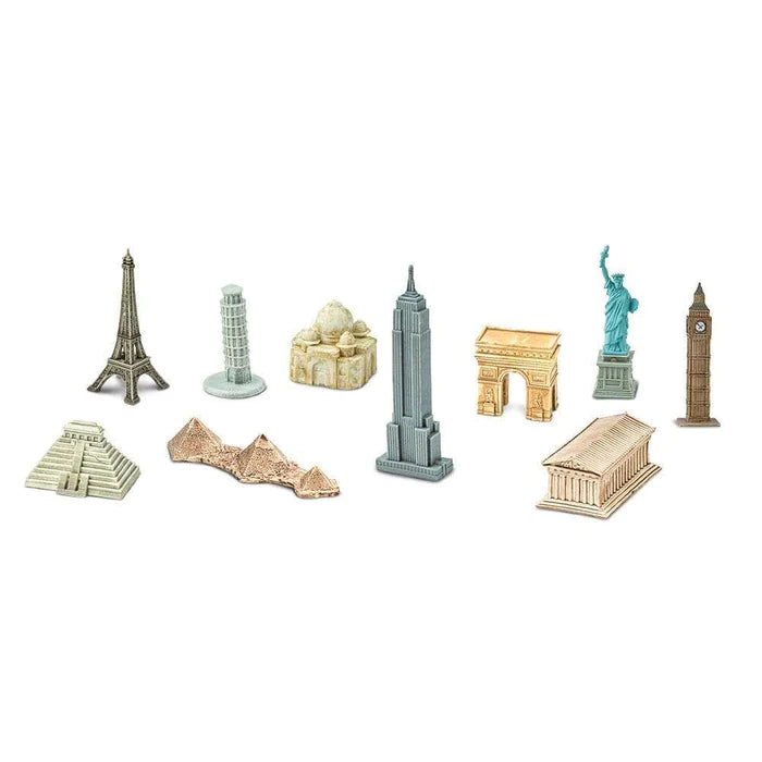 A playful collection of kids' toy models showcasing landmarks worldwide.