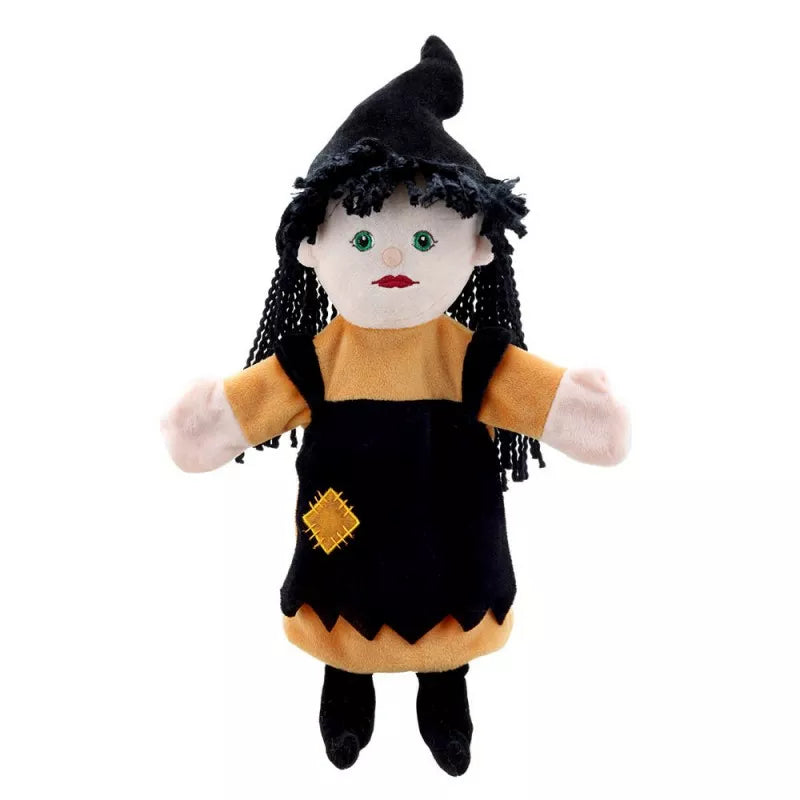 A kids' puppet show featuring The Puppet Company Hand Puppet Witch with black hair and yellow dress.