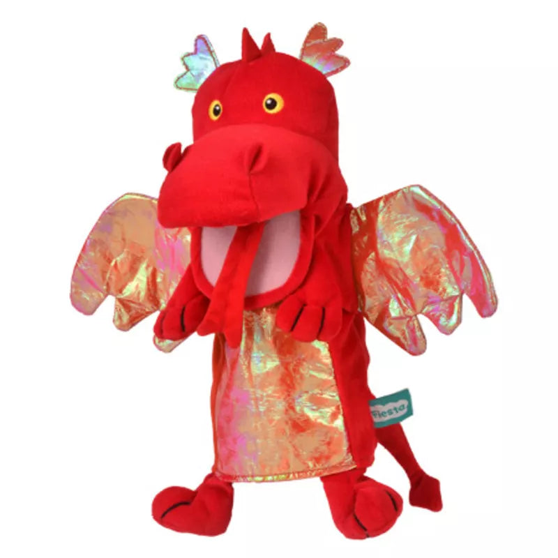 A kids' hand puppet of a Red Dragon with wings perfect for puppet shows.