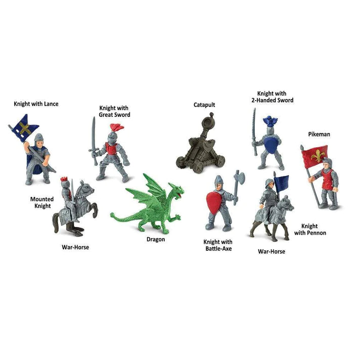 A set of knights and dragons figurines for kids to enjoy in a puppet show.