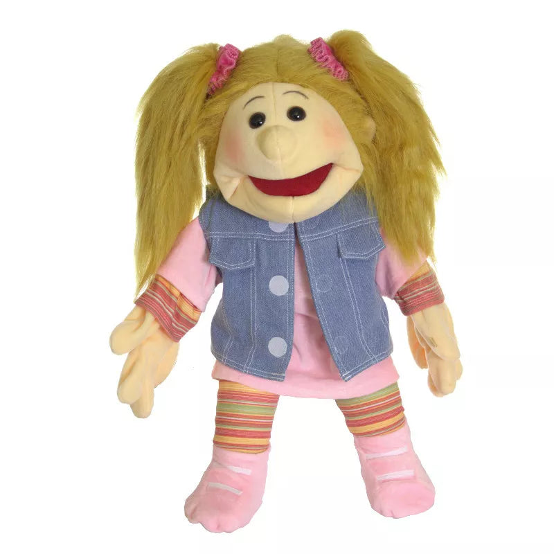 A kid-friendly hand puppet, the Living Puppets Fibi, comes with blonde hair and a pink vest for engaging puppet shows.