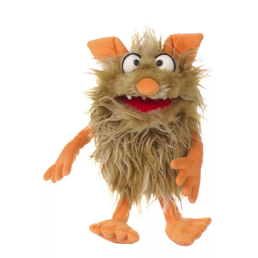 A 35cm brown fur hand puppet with orange eyes perfect for puppet shows and kids.