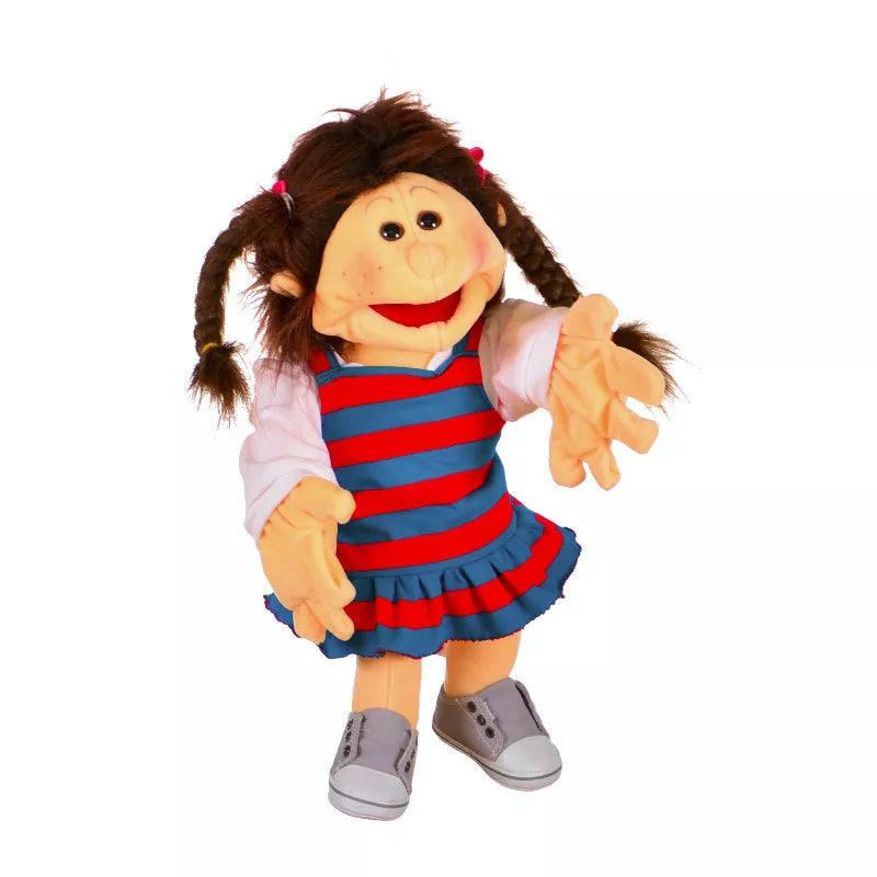 A 45cm hand puppet with long hair and a striped dress, perfect for kids' puppet shows.