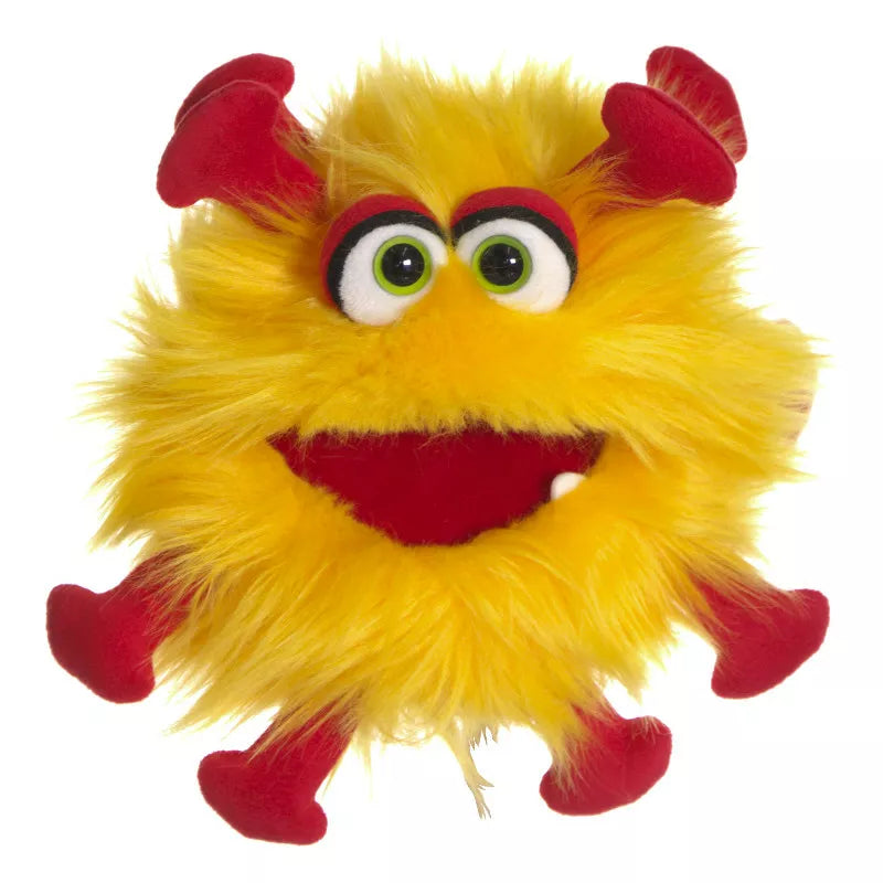 A vibrant Living Puppets Monster Hand Puppet Gisa with red eyes that captivates kids during a puppet show.