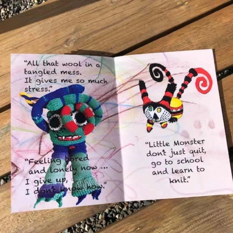 Knitting School for Monsters, a book with a picture of a little monster made of wool, on it.